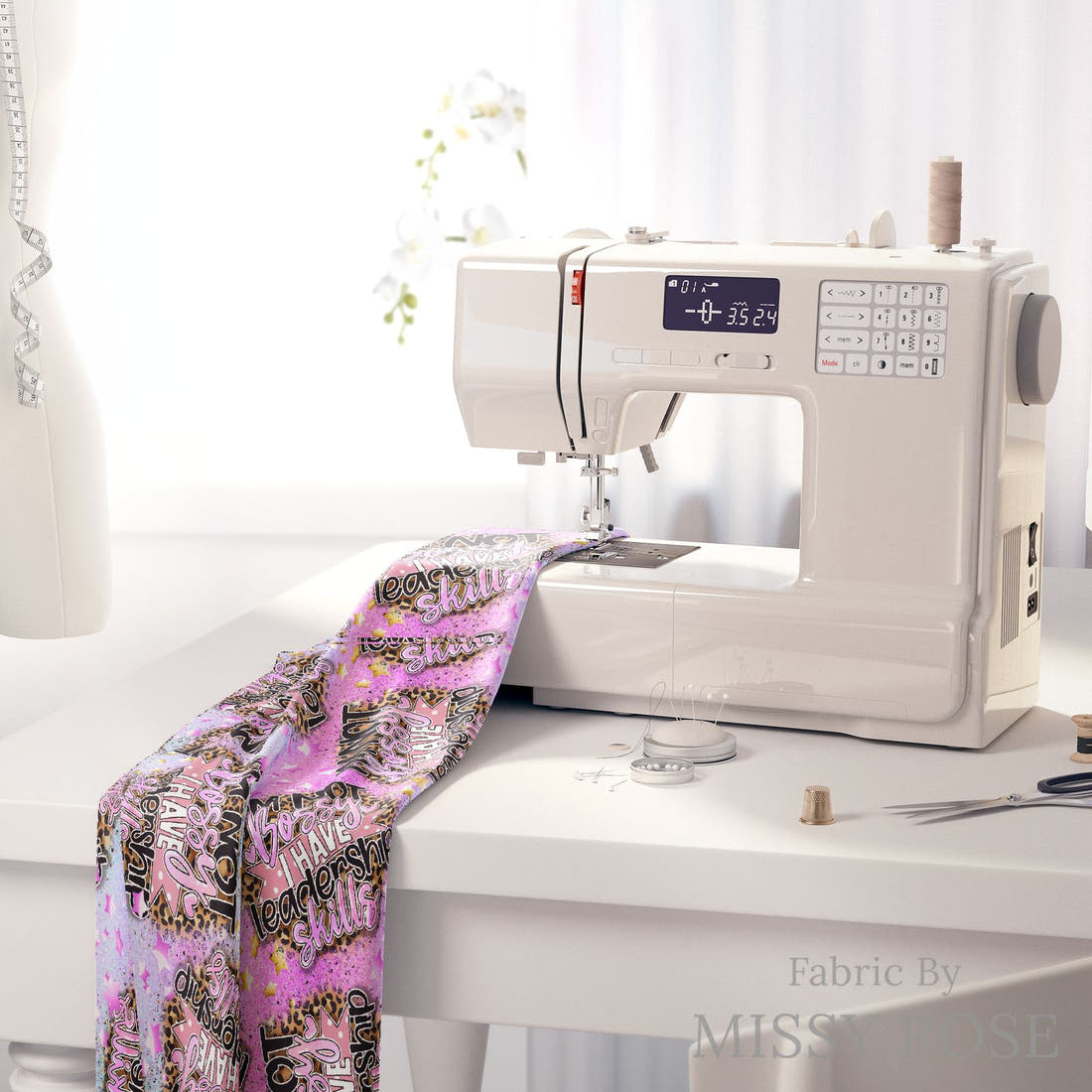 Design 692 Leadership Fabric on a sewing machine – premium fabric for sewing projects | Fabric by Missy Rose