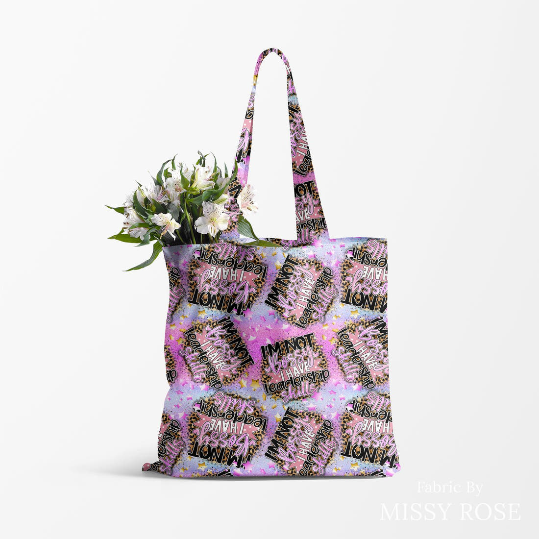 Design 692 Leadership Fabric made up as a tote bag – see how the print looks made up | Fabric by Missy Rose