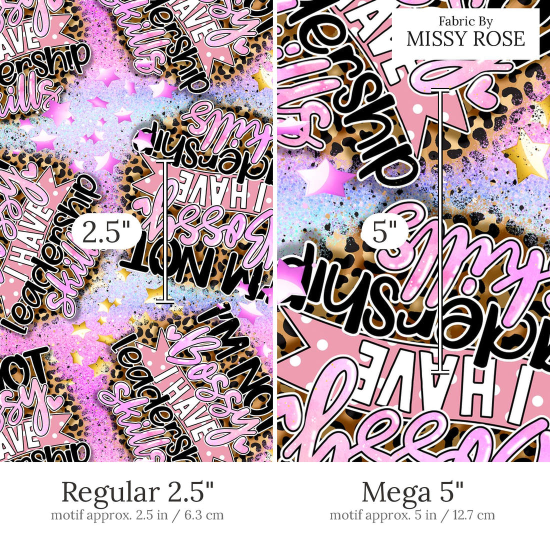 Design 692 Leadership Fabric Regular 2.5 inch vs Mega 5 inch print scale side by side | Fabric by Missy Rose