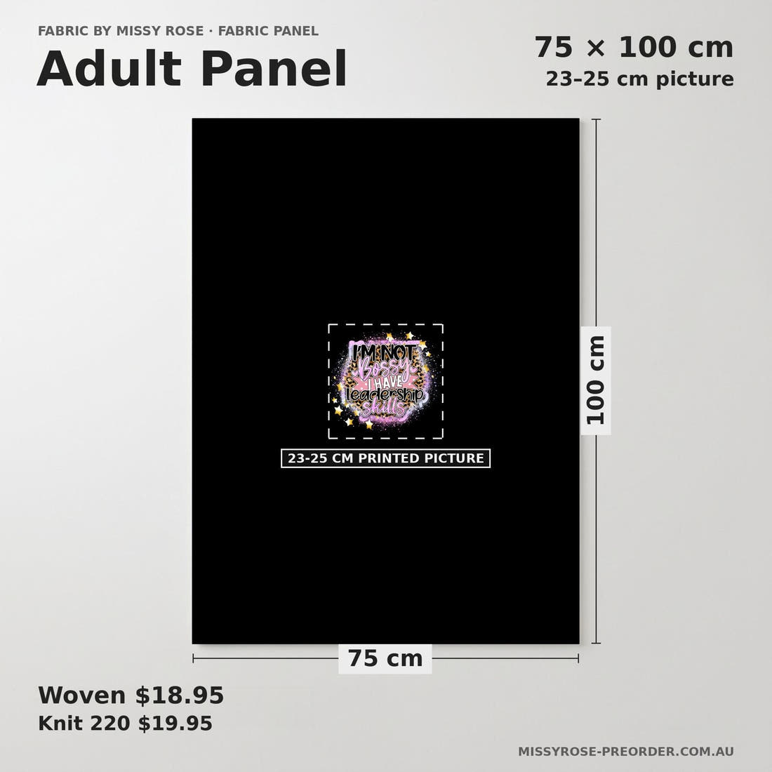 Design 692 Leadership Panel adult panel sizing – 23–25 cm printed picture on 75 × 100 cm fabric | Fabric by Missy Rose