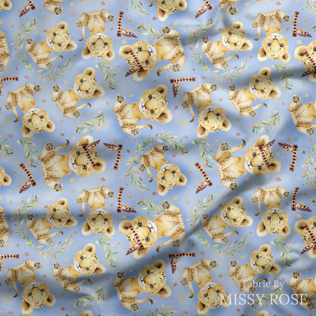Design 693 Blue Lion Fabric draped fabric mockup – custom printed fabric by the metre | Fabric by Missy Rose