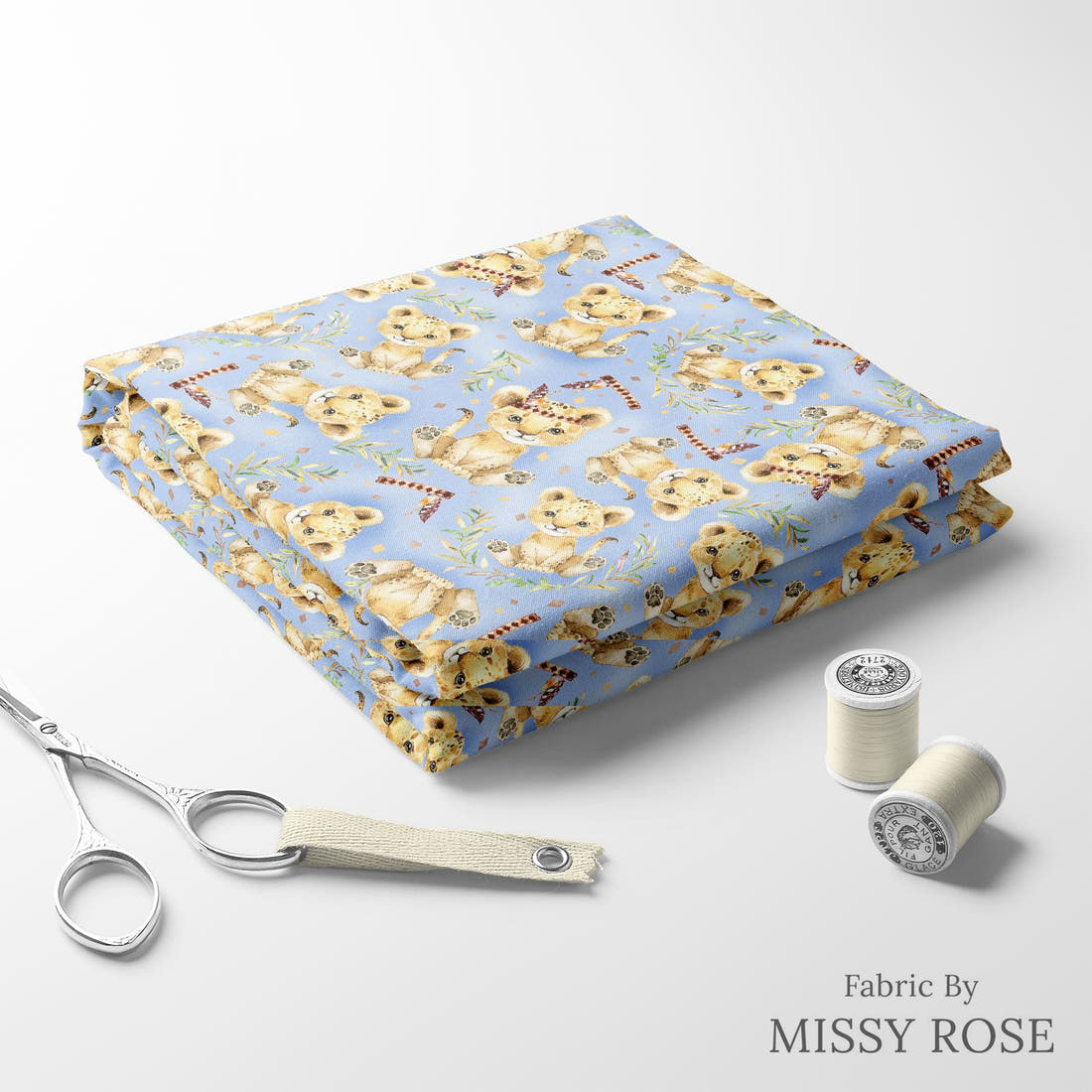 Design 693 Blue Lion Fabric folded fabric stack with matching thread – pre-order fabric Australia | Fabric by Missy Rose