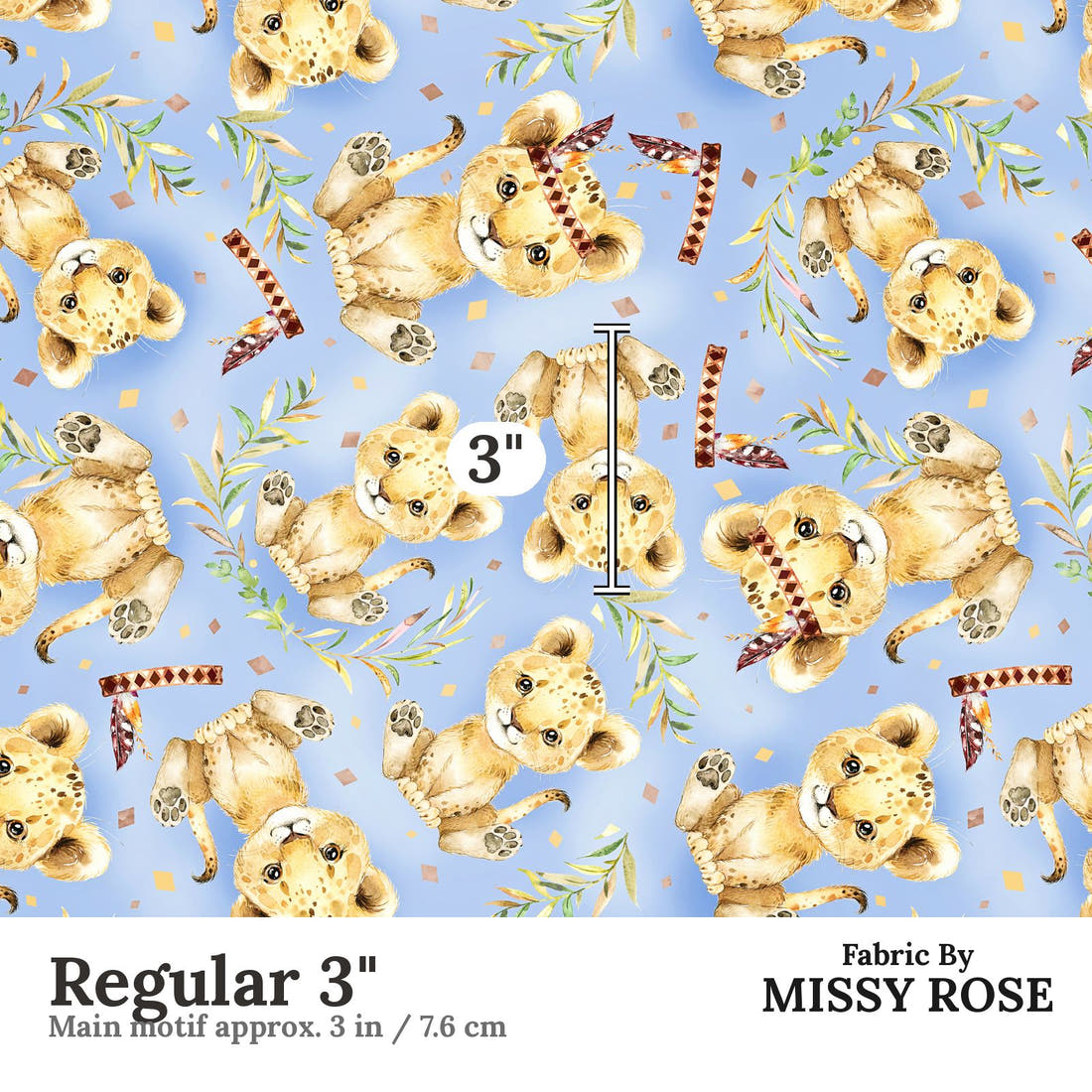 Design 693 Blue Lion Fabric Regular 3" - print scale | Fabric by Missy Rose