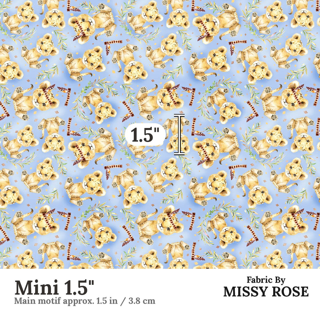 Design 693 Blue Lion Fabric Mini 1.5" - print scale | Fabric by Missy Rose