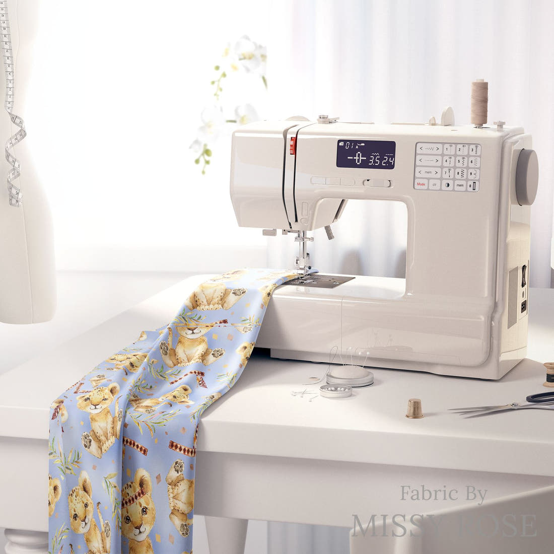 Design 693 Blue Lion Fabric on a sewing machine – premium fabric for sewing projects | Fabric by Missy Rose