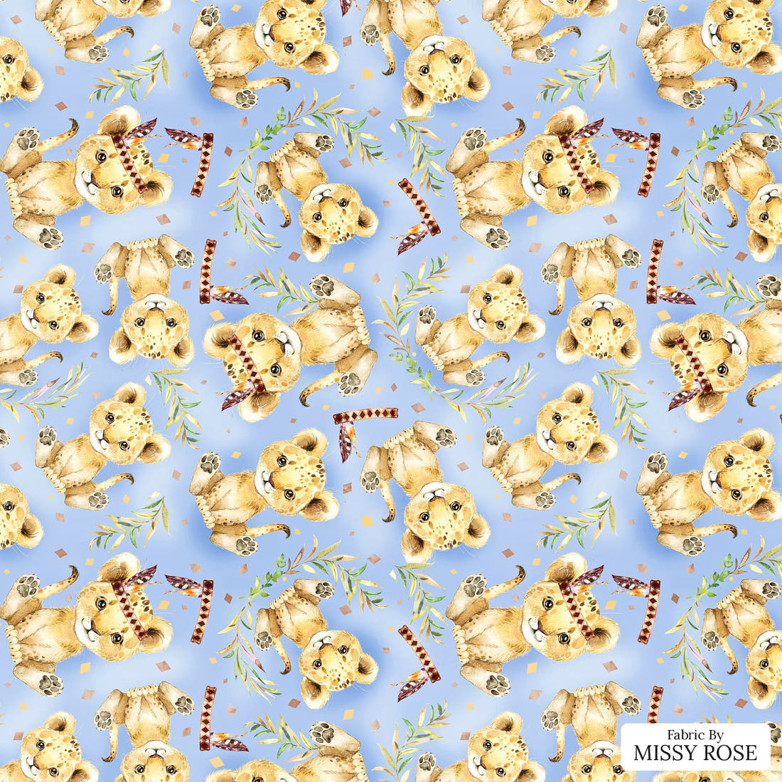 Design 693 Blue Lion Fabric - flat view of the print, zoom in for detail | Fabric by Missy Rose