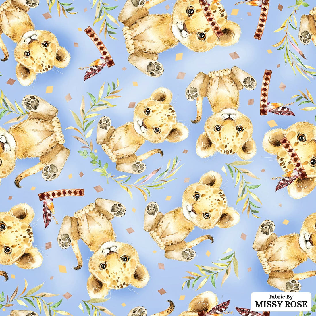 Design 693 Blue Lion Fabric - flat view of the print, zoom in for detail | Fabric by Missy Rose