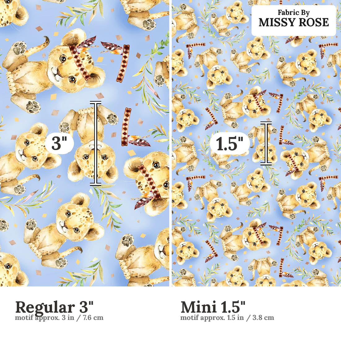 Design 693 Blue Lion Fabric size comparison - print scale | Fabric by Missy Rose
