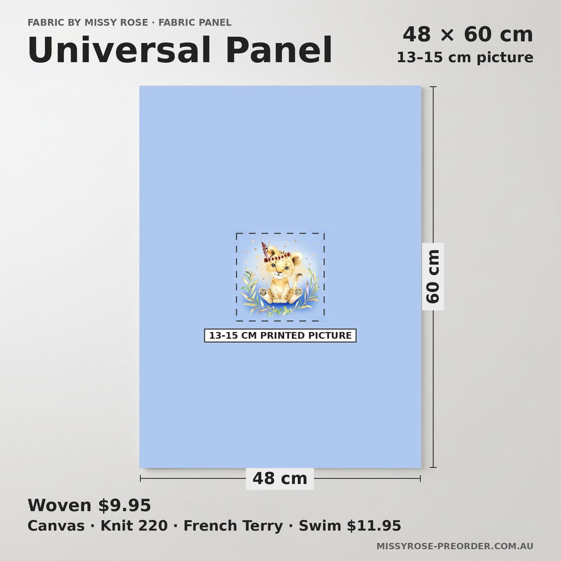 Design 693 Blue Lion Panel universal panel sizing – 13–15 cm printed picture on 48 × 60 cm fabric | Fabric by Missy Rose