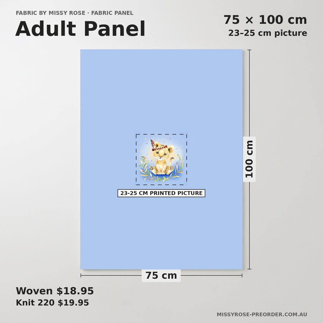 Design 693 Blue Lion Panel adult panel sizing – 23–25 cm printed picture on 75 × 100 cm fabric | Fabric by Missy Rose