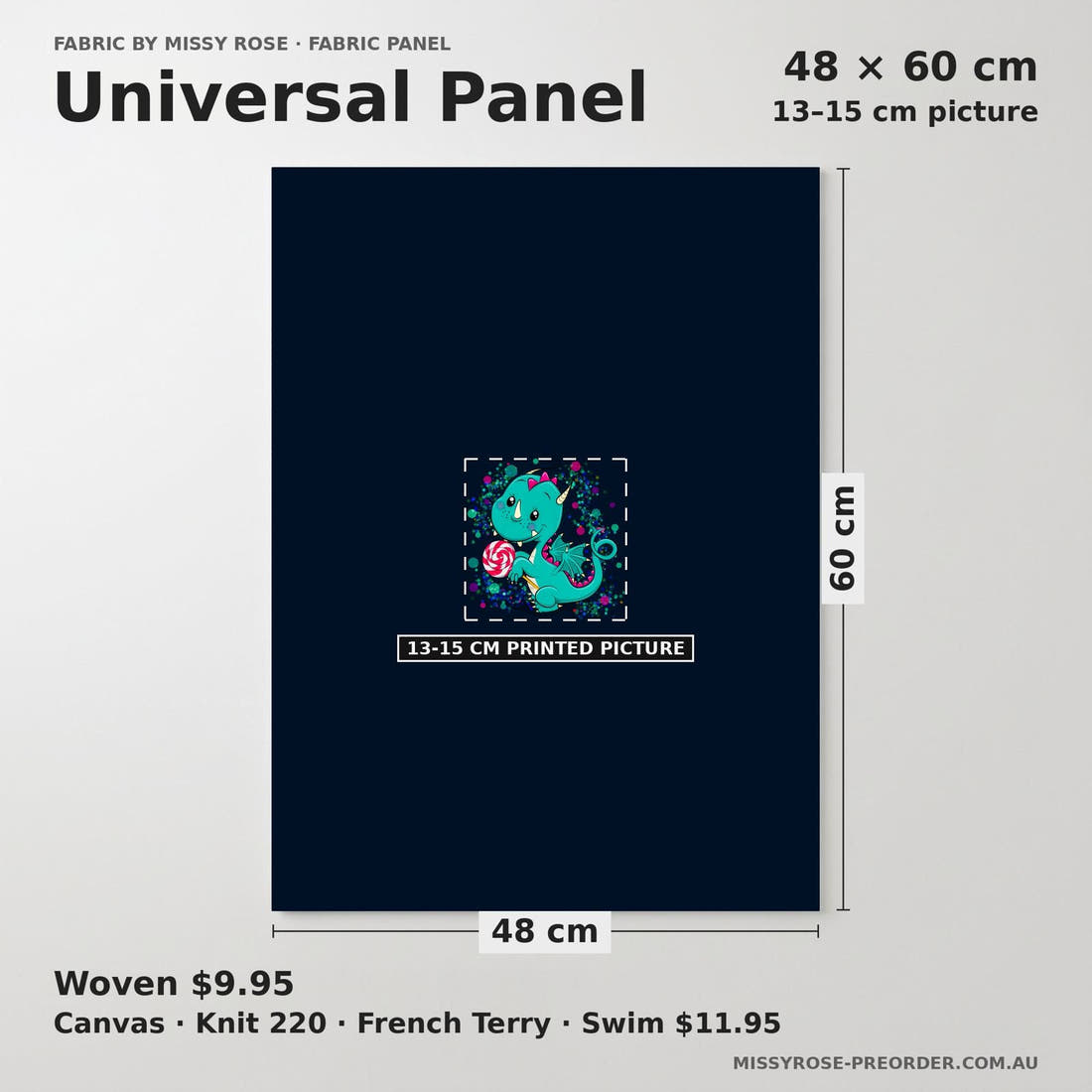 Design 694 Sweet Dragon Panel universal panel sizing – 13–15 cm printed picture on 48 × 60 cm fabric | Fabric by Missy Rose