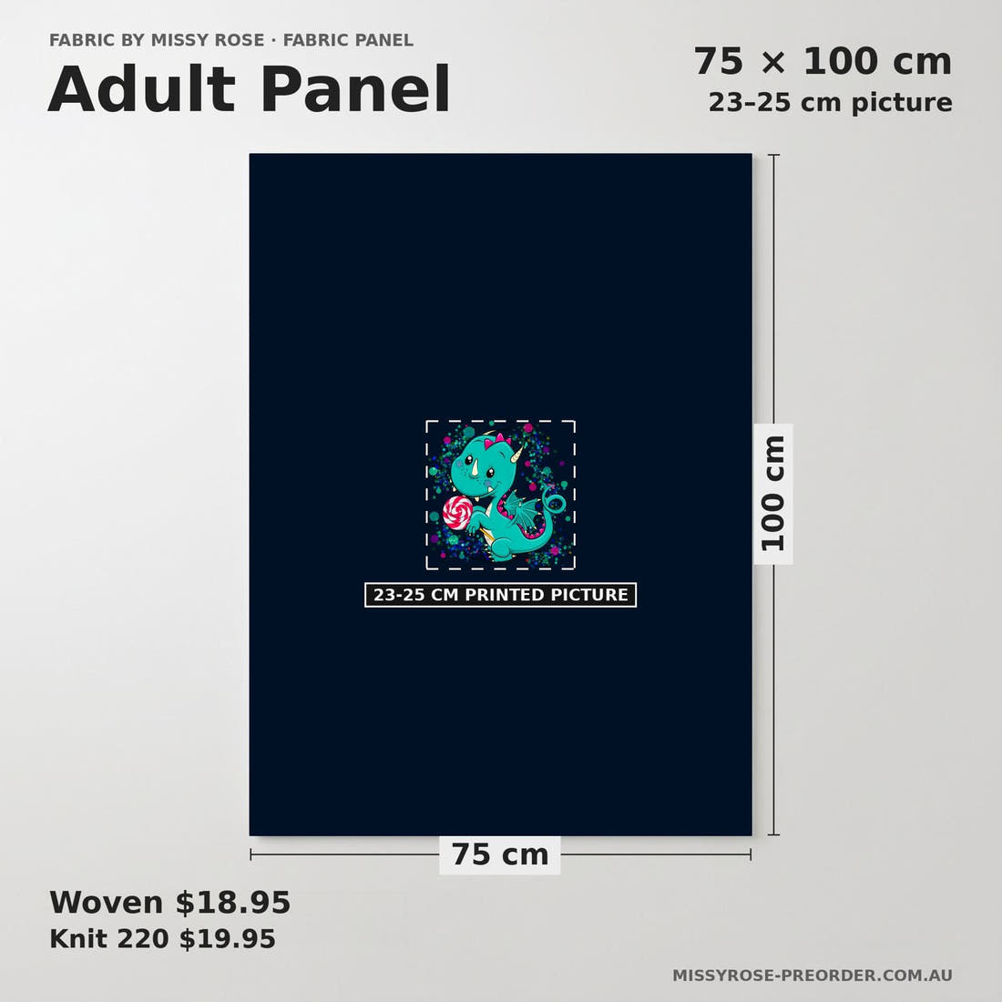 Design 694 Sweet Dragon Panel adult panel sizing – 23–25 cm printed picture on 75 × 100 cm fabric | Fabric by Missy Rose