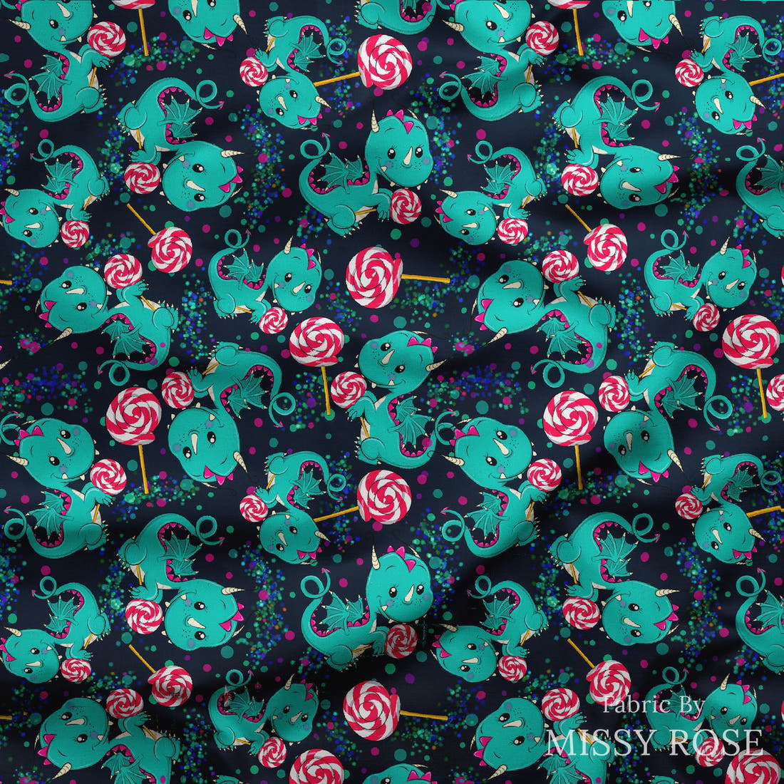 Design 694 Sweet Dragon Fabric draped fabric mockup – custom printed fabric by the metre | Fabric by Missy Rose