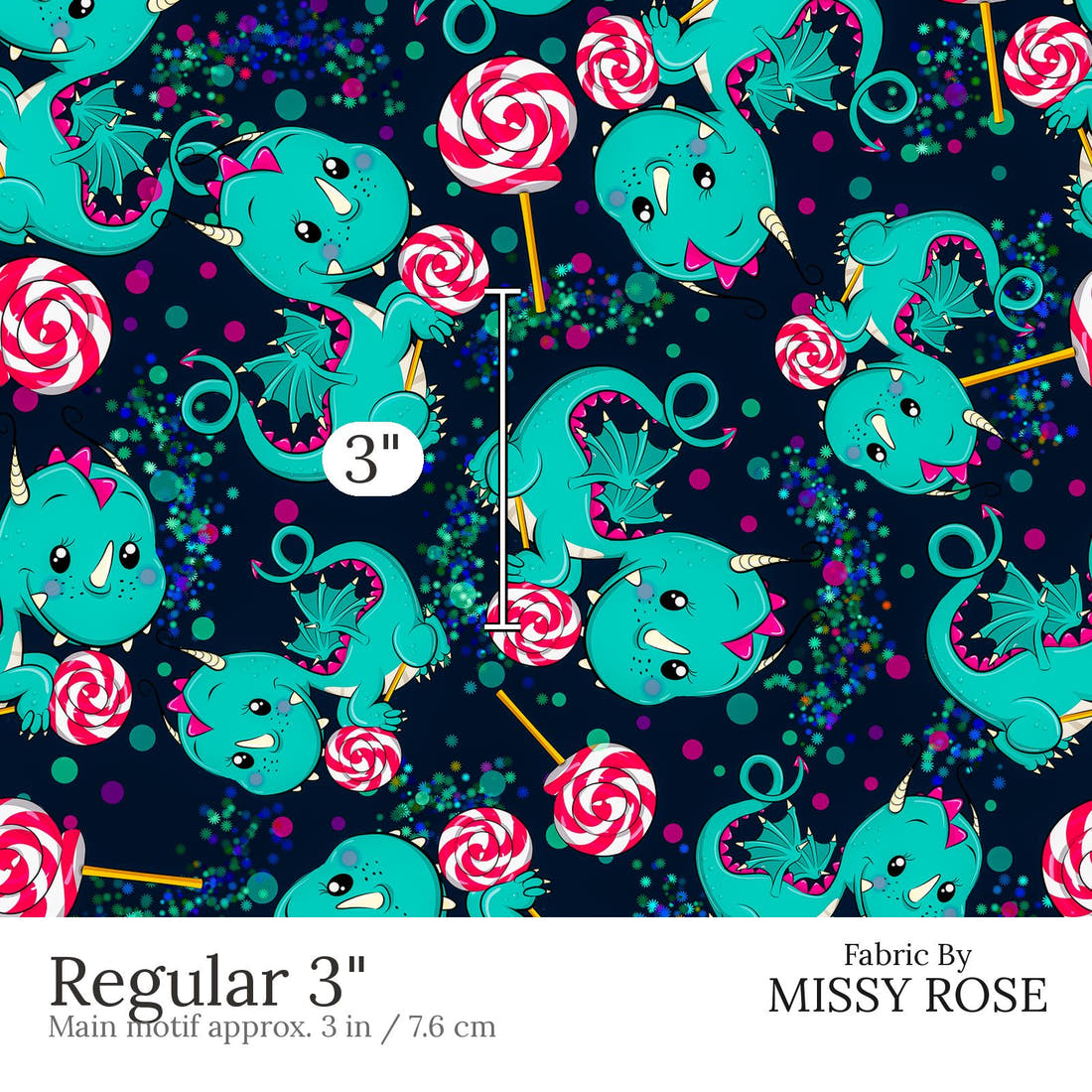 Design 694 Sweet Dragon Fabric Regular 3 inch print scale guide | Fabric by Missy Rose
