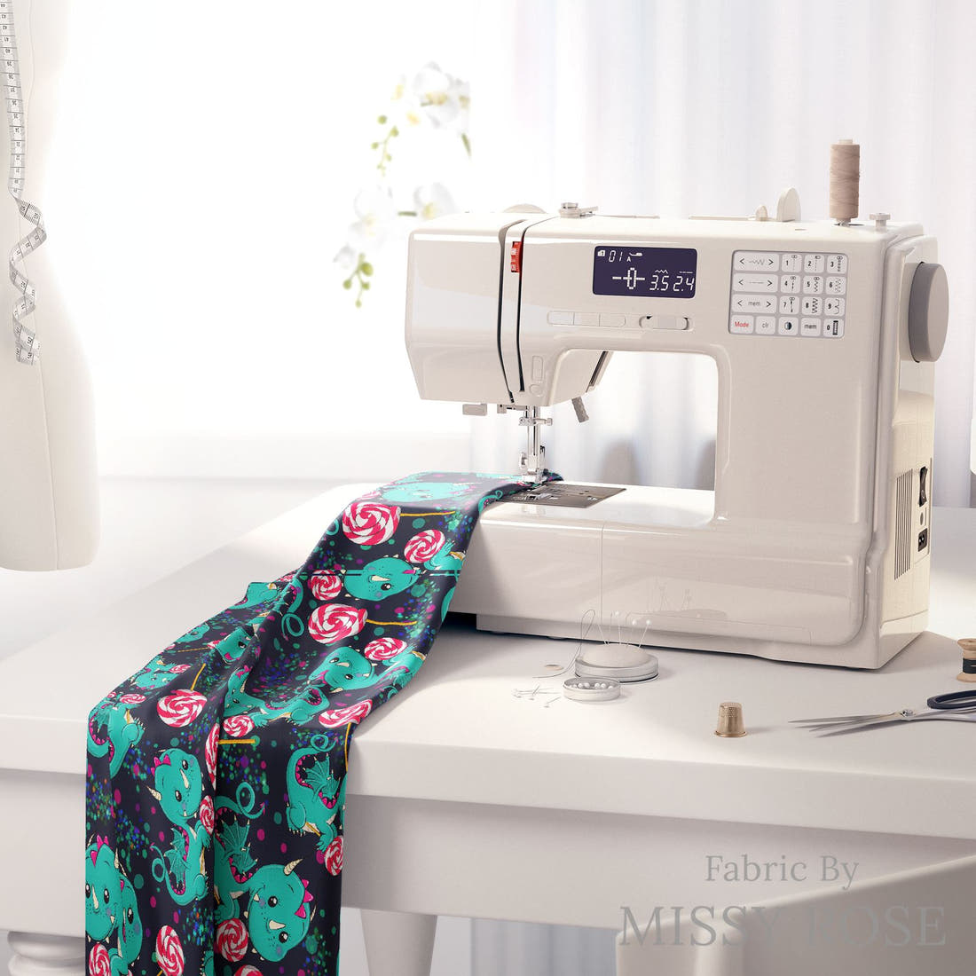 Design 694 Sweet Dragon Fabric on a sewing machine – premium fabric for sewing projects | Fabric by Missy Rose