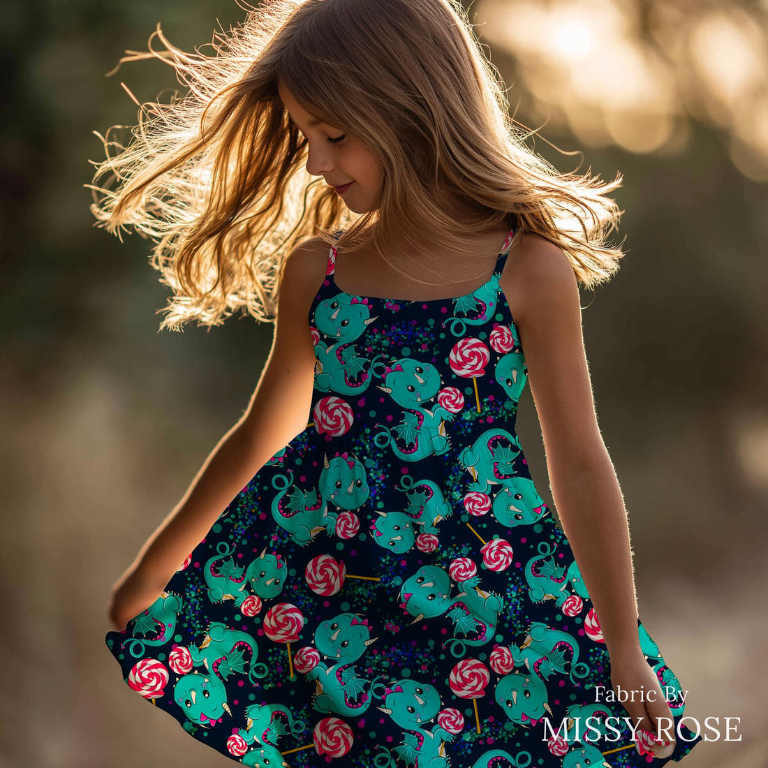 Design 694 Sweet Dragon Fabric sewn into a girls' dress – see how the print looks made up | Fabric by Missy Rose