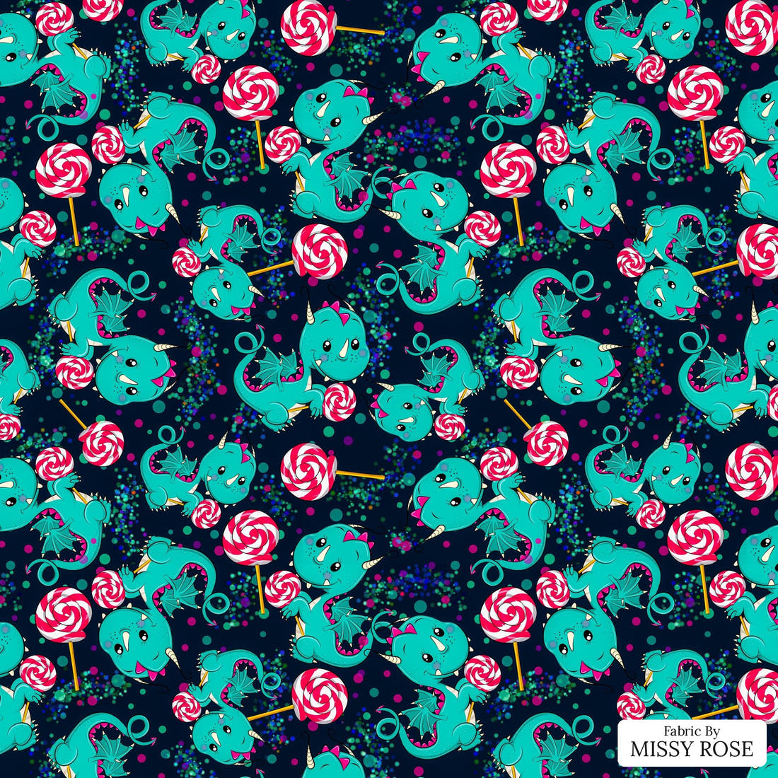 Design 694 Sweet Dragon Fabric - flat view of the print, zoom in for detail | Fabric by Missy Rose