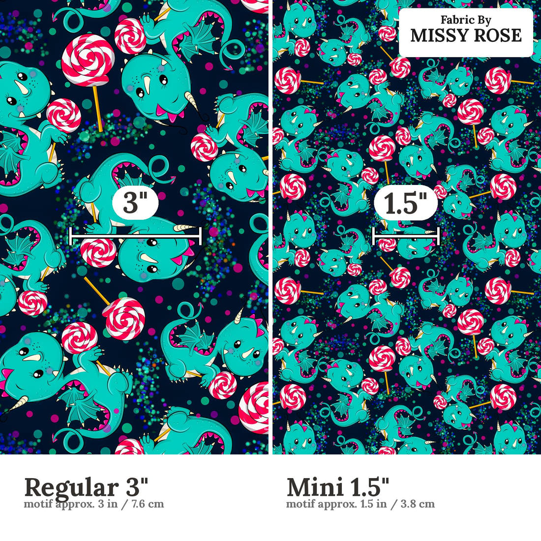 Design 694 Sweet Dragon Fabric size comparison - print scale | Fabric by Missy Rose