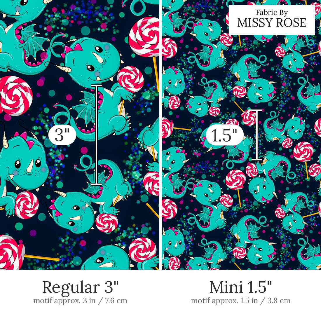 Design 694 Sweet Dragon Fabric Regular 3 inch vs Mini 1.5 inch print scale side by side | Fabric by Missy Rose