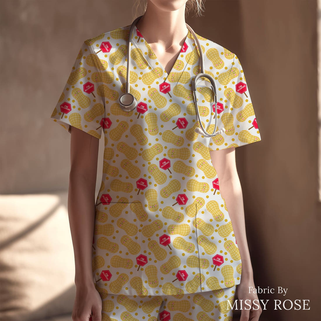 Design 695 Peanut Allergy Fabric sewn into a scrubs top – see how the print looks made up | Fabric by Missy Rose