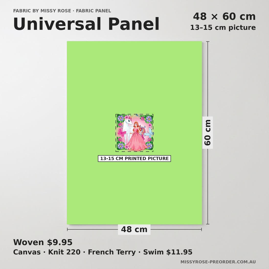 Design 696 Princess Panel universal panel sizing – 13–15 cm printed picture on 48 × 60 cm fabric | Fabric by Missy Rose