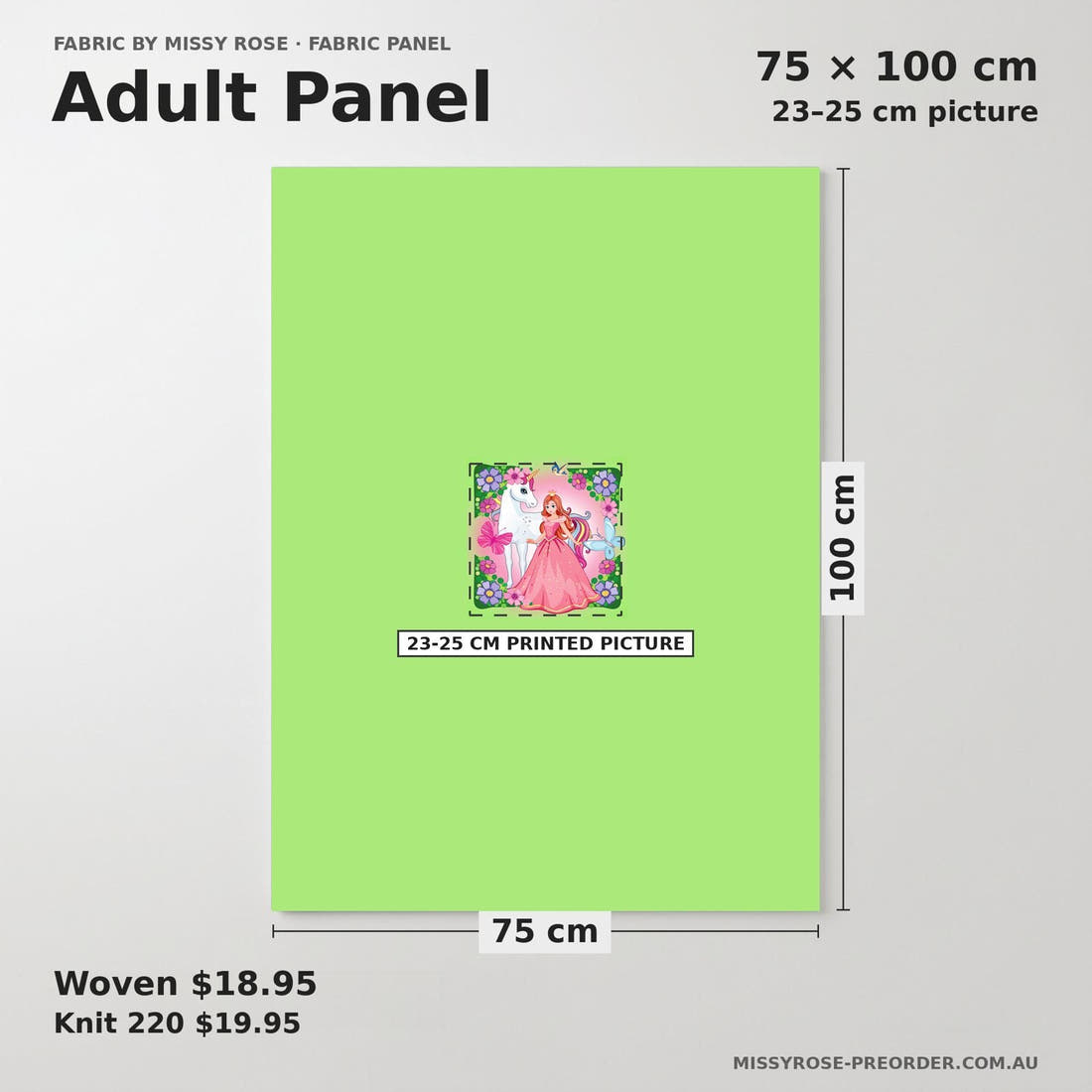 Design 696 Princess Panel adult panel sizing – 23–25 cm printed picture on 75 × 100 cm fabric | Fabric by Missy Rose