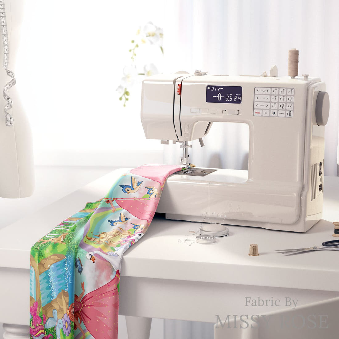 Design 696 Princess Fabric on a sewing machine – premium fabric for sewing projects | Fabric by Missy Rose