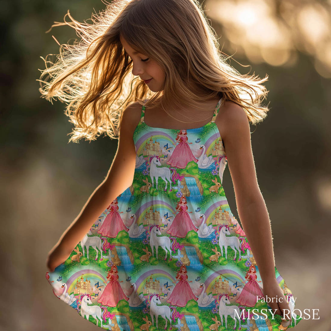 Design 696 Princess Fabric sewn into a girls' dress – see how the print looks made up | Fabric by Missy Rose