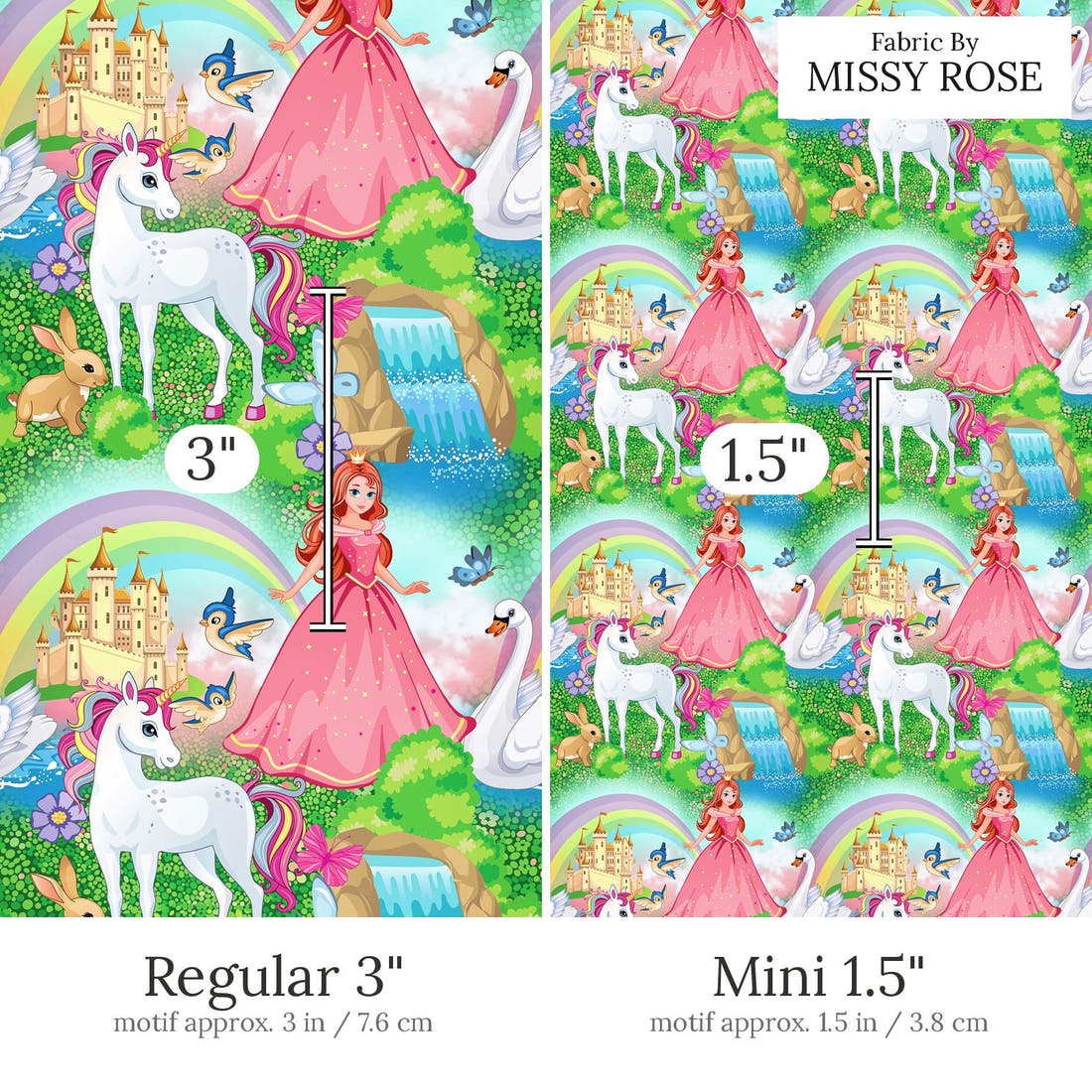 Design 696 Princess Fabric Regular 3 inch vs Mini 1.5 inch print scale side by side | Fabric by Missy Rose