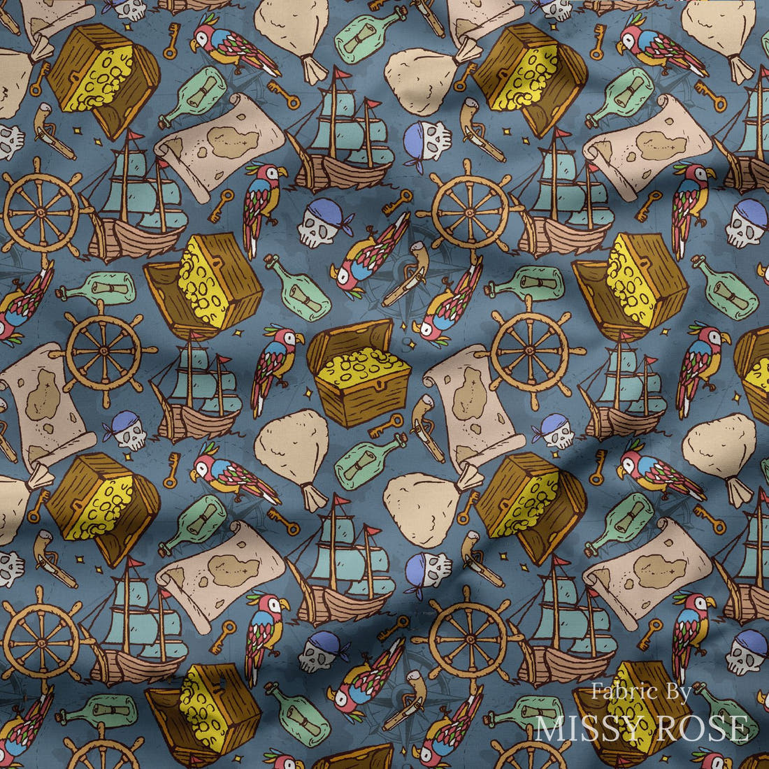 Design 698 Pirate Fabric draped fabric mockup – custom printed fabric by the metre | Fabric by Missy Rose