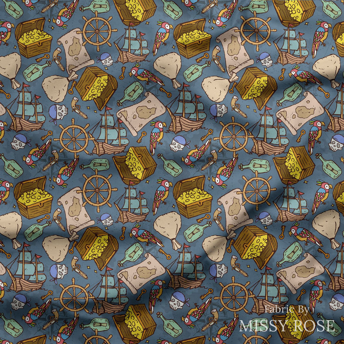 Design 698 Pirate Fabric draped fabric mockup – custom printed fabric by the metre | Fabric by Missy Rose