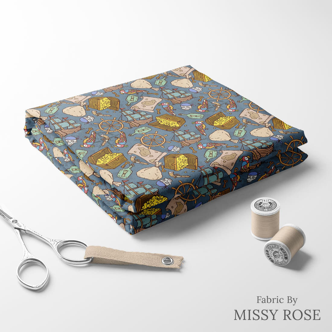 Design 698 Pirate Fabric folded fabric stack with matching thread – pre-order fabric Australia | Fabric by Missy Rose