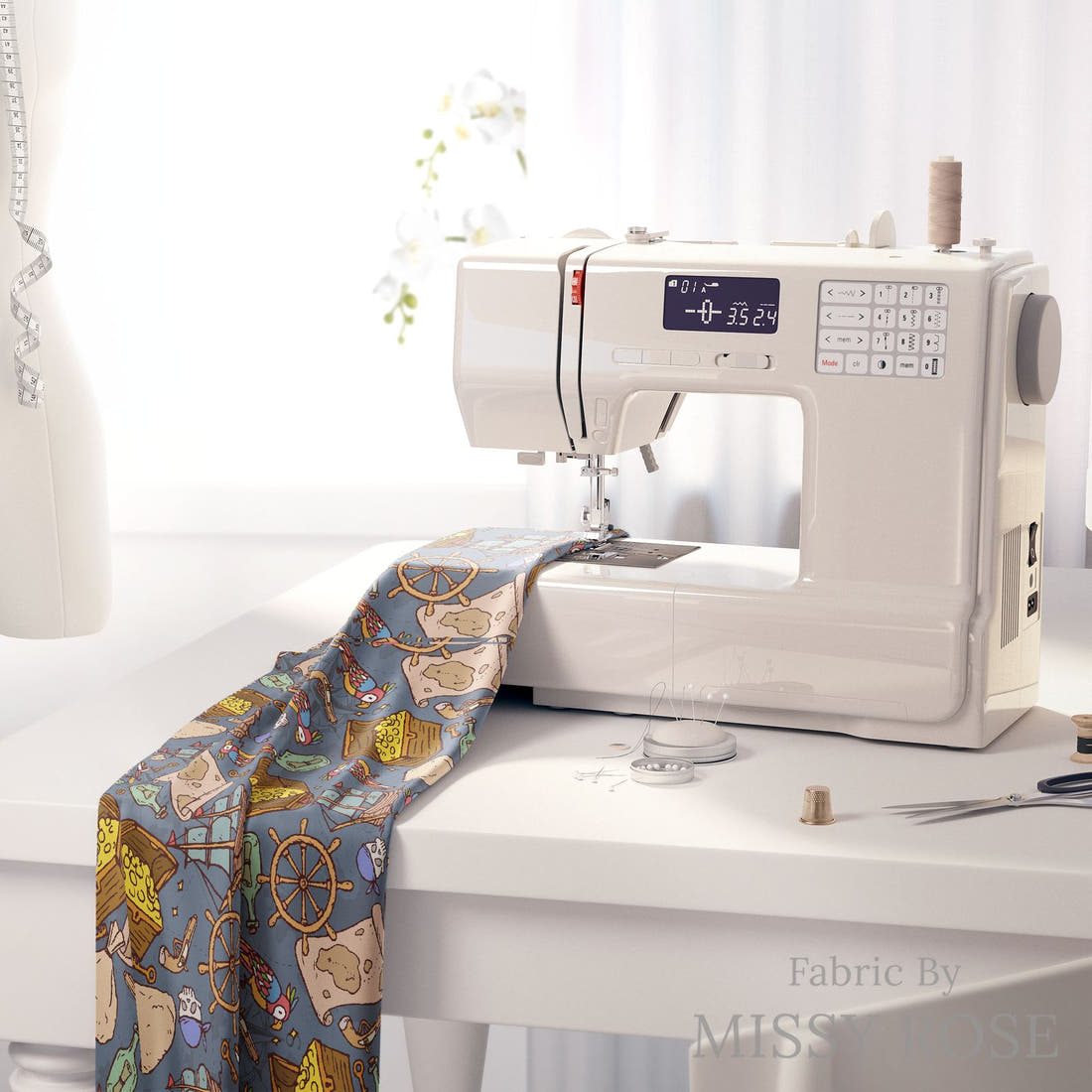 Design 698 Pirate Fabric on a sewing machine – premium fabric for sewing projects | Fabric by Missy Rose