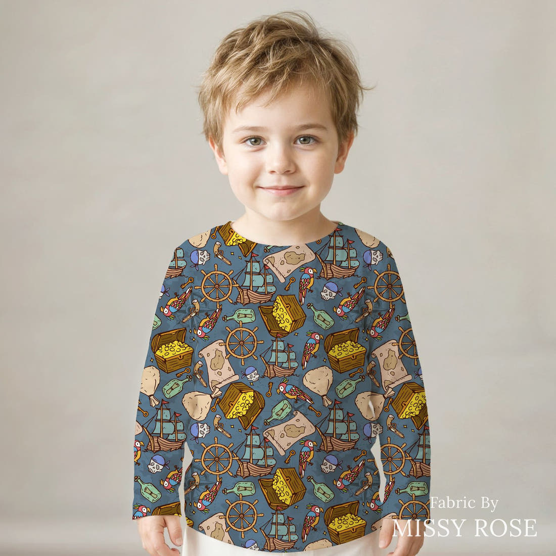 Design 698 Pirate Fabric sewn into a kids' long sleeve top – see how the print looks made up | Fabric by Missy Rose