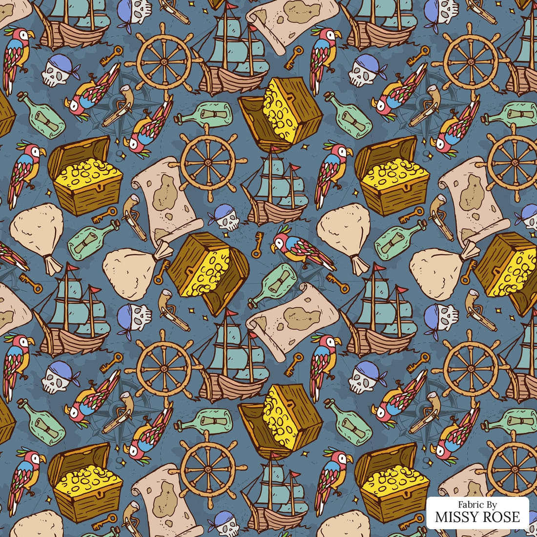 Design 698 Pirate Fabric - flat view of the print, zoom in for detail | Fabric by Missy Rose