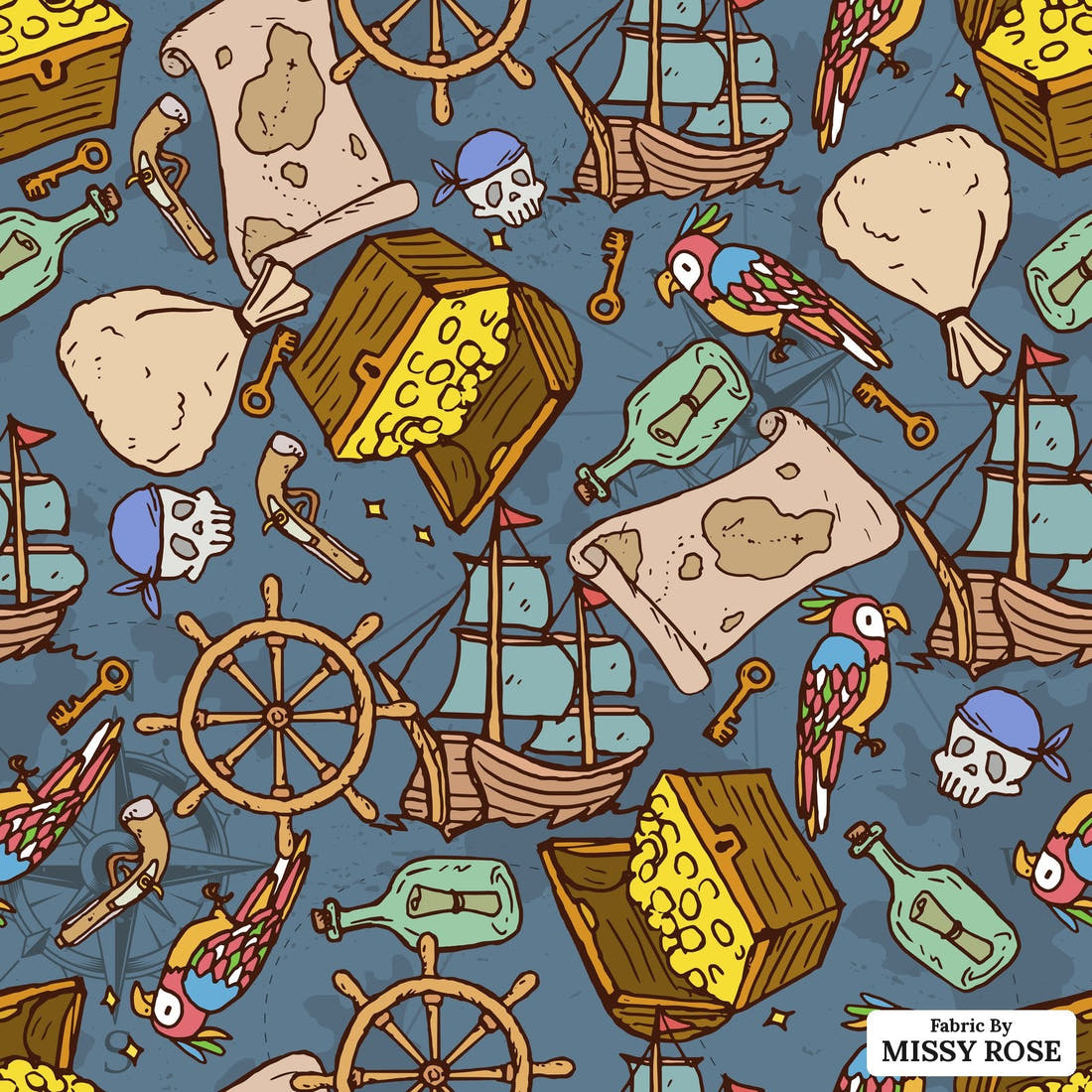 Design 698 Pirate Fabric - flat view of the print, zoom in for detail | Fabric by Missy Rose