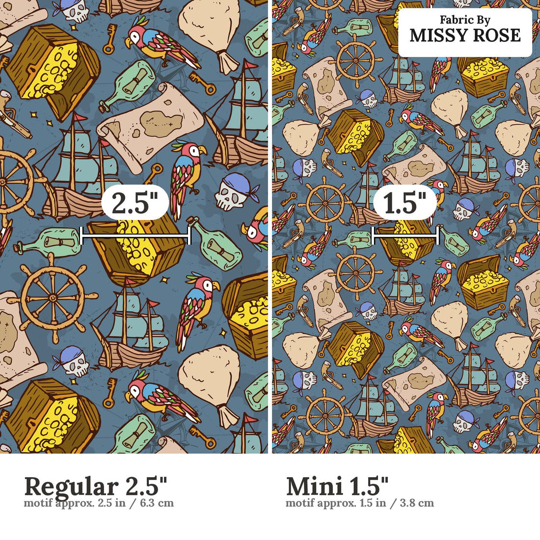 Design 698 Pirate Fabric size comparison - print scale | Fabric by Missy Rose