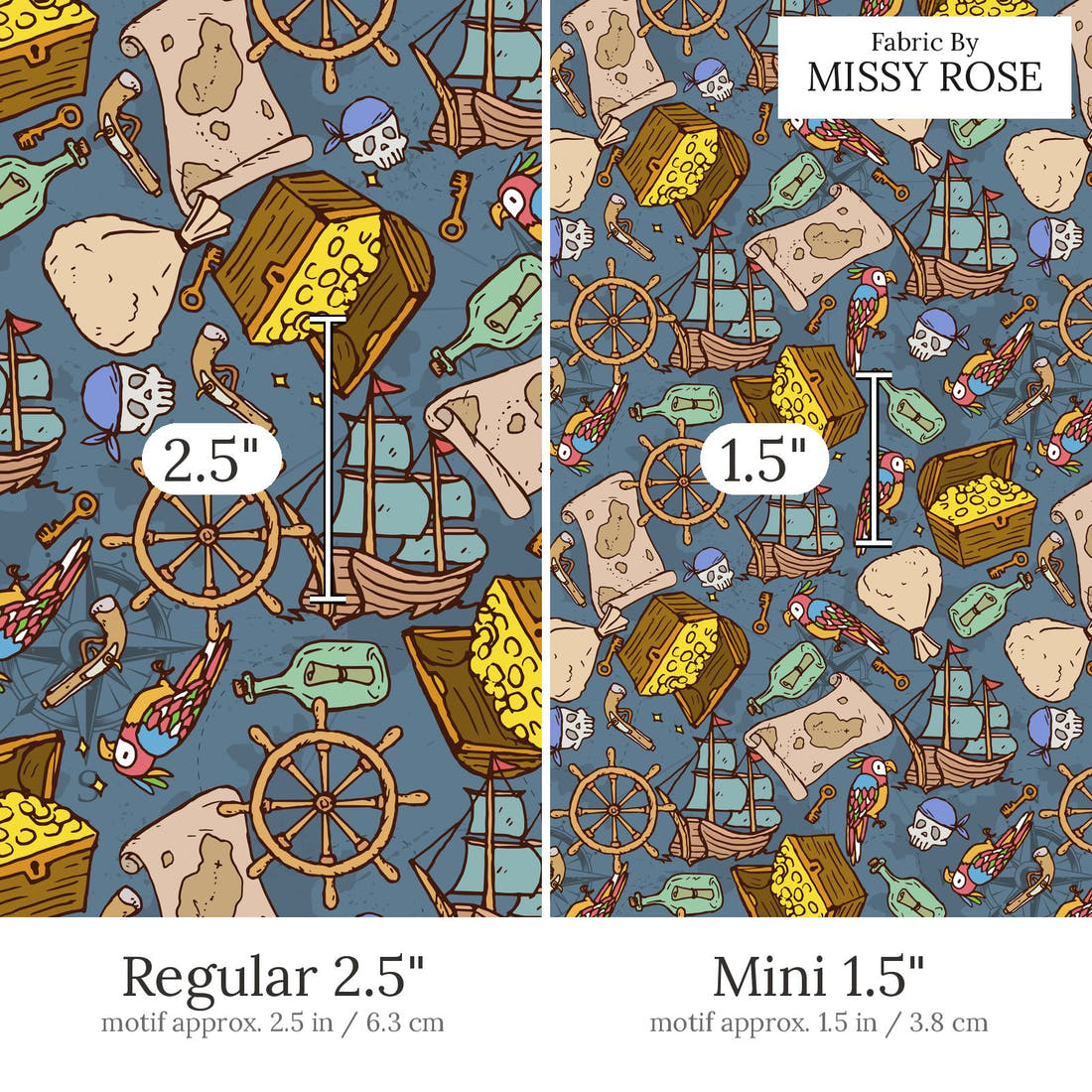 Design 698 Pirate Fabric Regular 2.5 inch vs Mini 1.5 inch print scale side by side | Fabric by Missy Rose