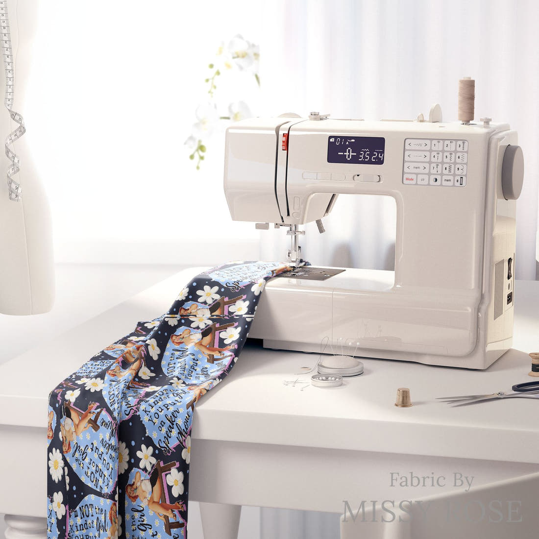 Design 699 Funny Retro Fabric on a sewing machine – premium fabric for sewing projects | Fabric by Missy Rose
