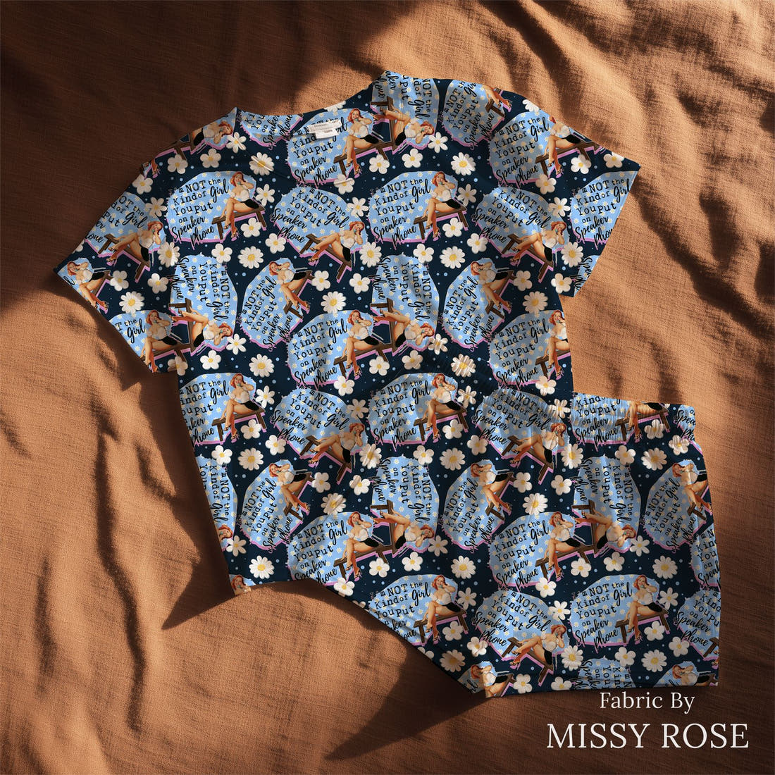 Design 699 Funny Retro Fabric sewn into a lounge set – see how the print looks made up | Fabric by Missy Rose