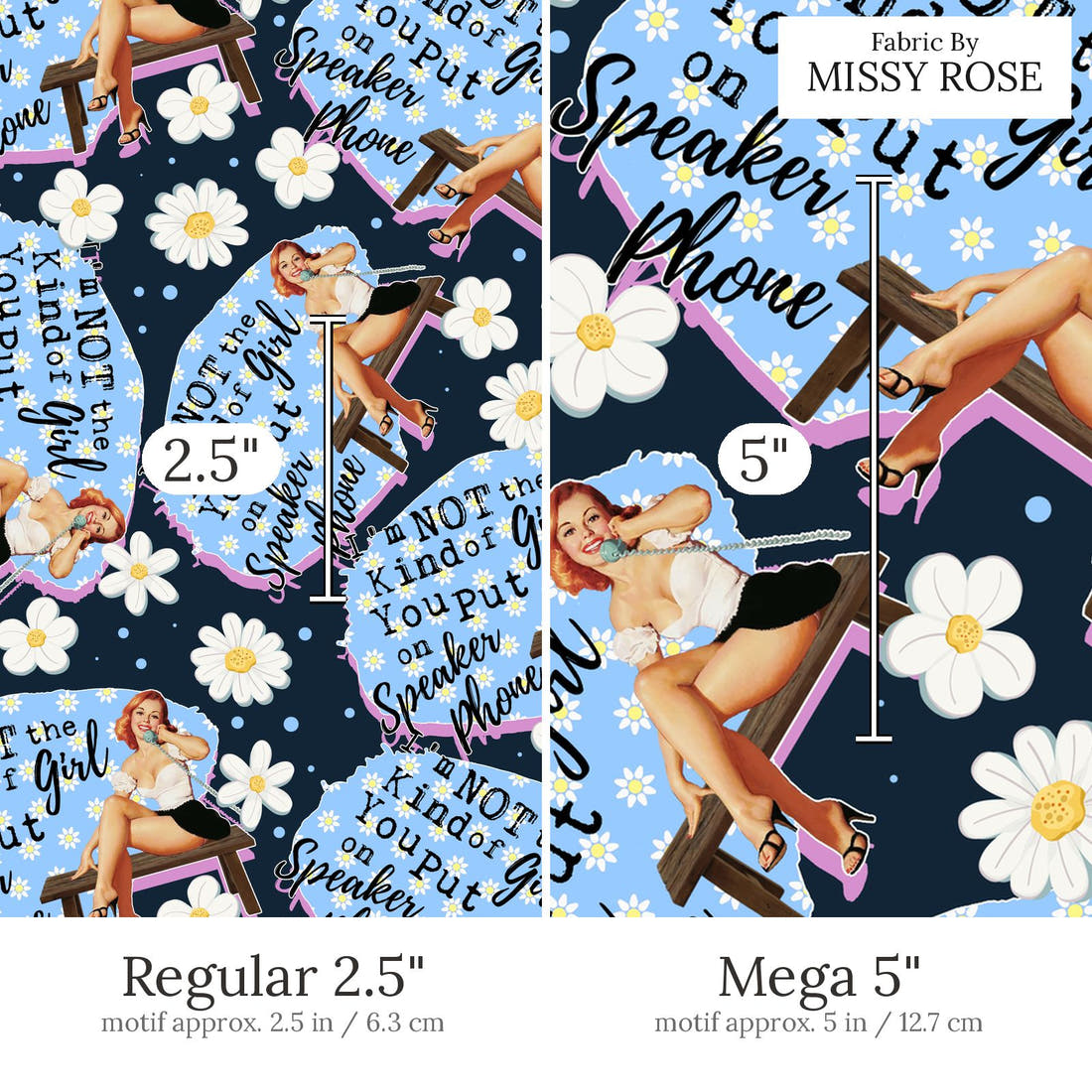 Design 699 Funny Retro Fabric Regular 2.5 inch vs Mega 5 inch print scale side by side | Fabric by Missy Rose