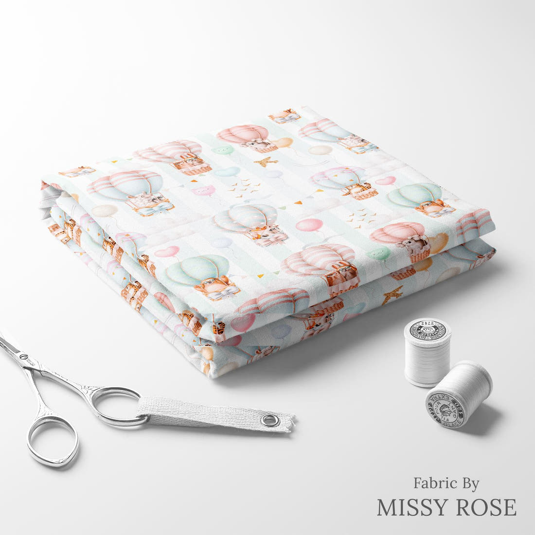Design 7 Air Balloon Fabric folded fabric stack with matching thread – pre-order fabric Australia | Fabric by Missy Rose
