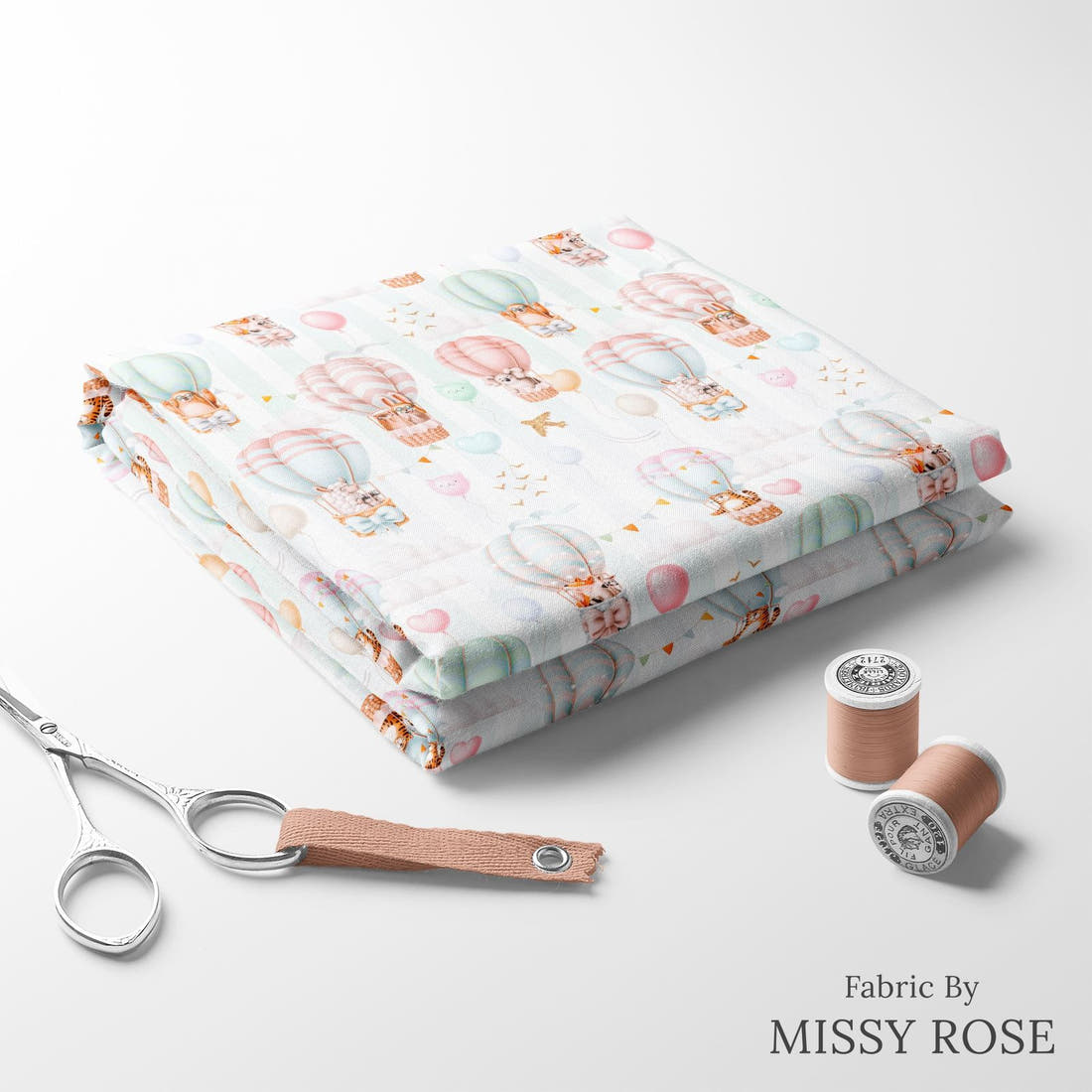 Design 7 Air Balloon Fabric folded fabric stack with matching thread – pre-order fabric Australia | Fabric by Missy Rose