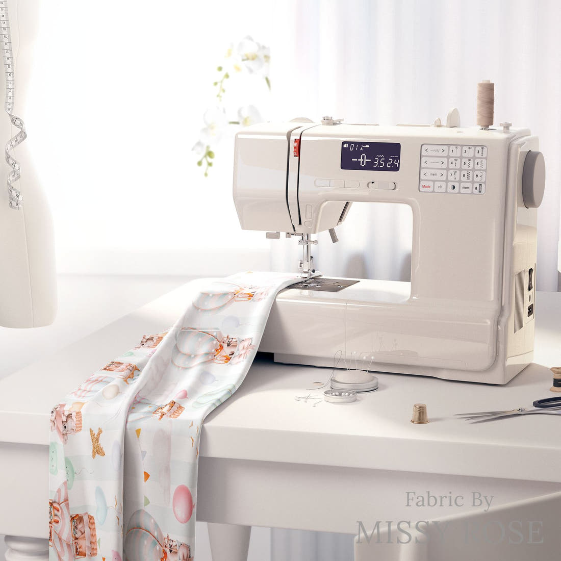 Design 7 Air Balloon Fabric on a sewing machine – premium fabric for sewing projects | Fabric by Missy Rose