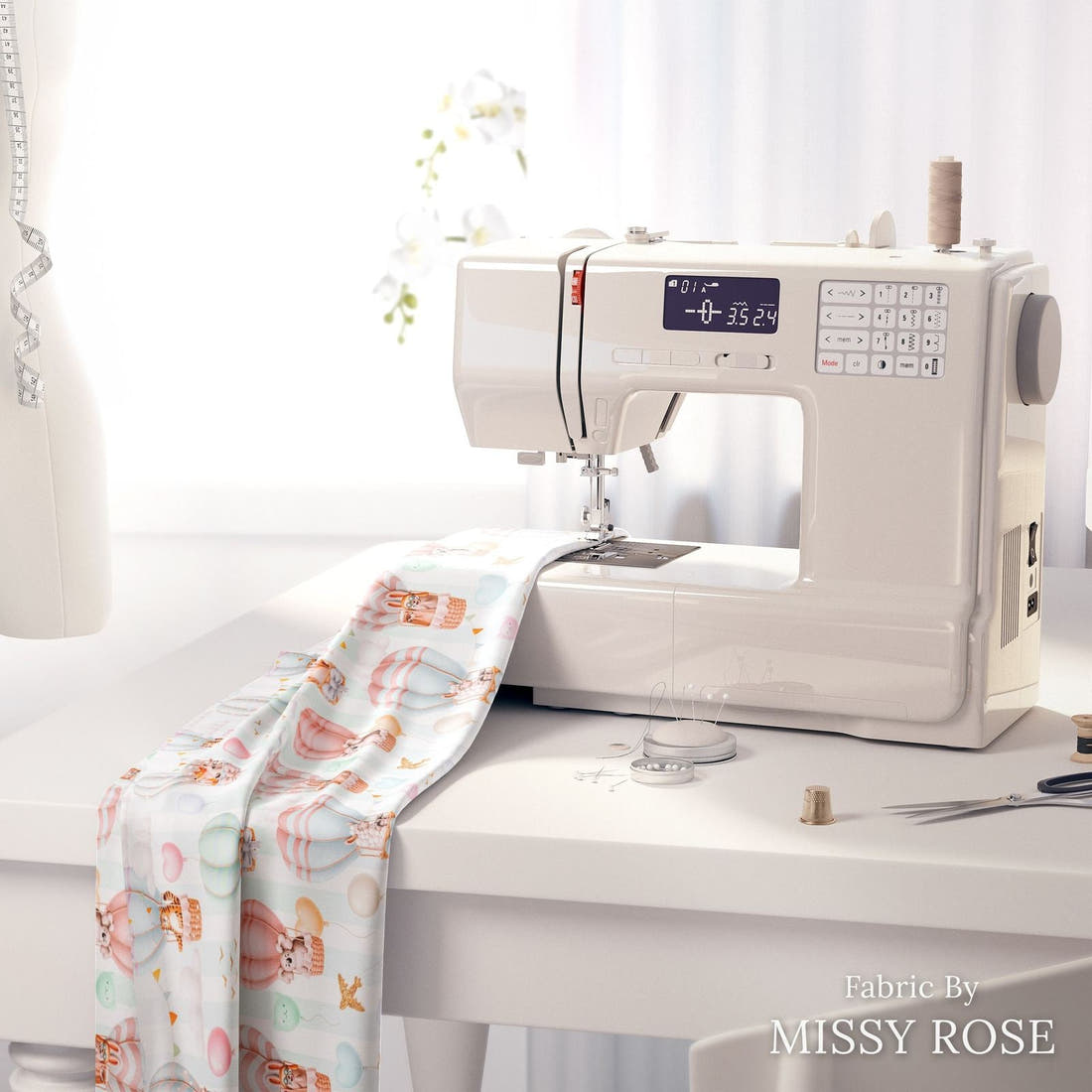 Design 7 Air Balloon Fabric on a sewing machine – premium fabric for sewing projects | Fabric by Missy Rose