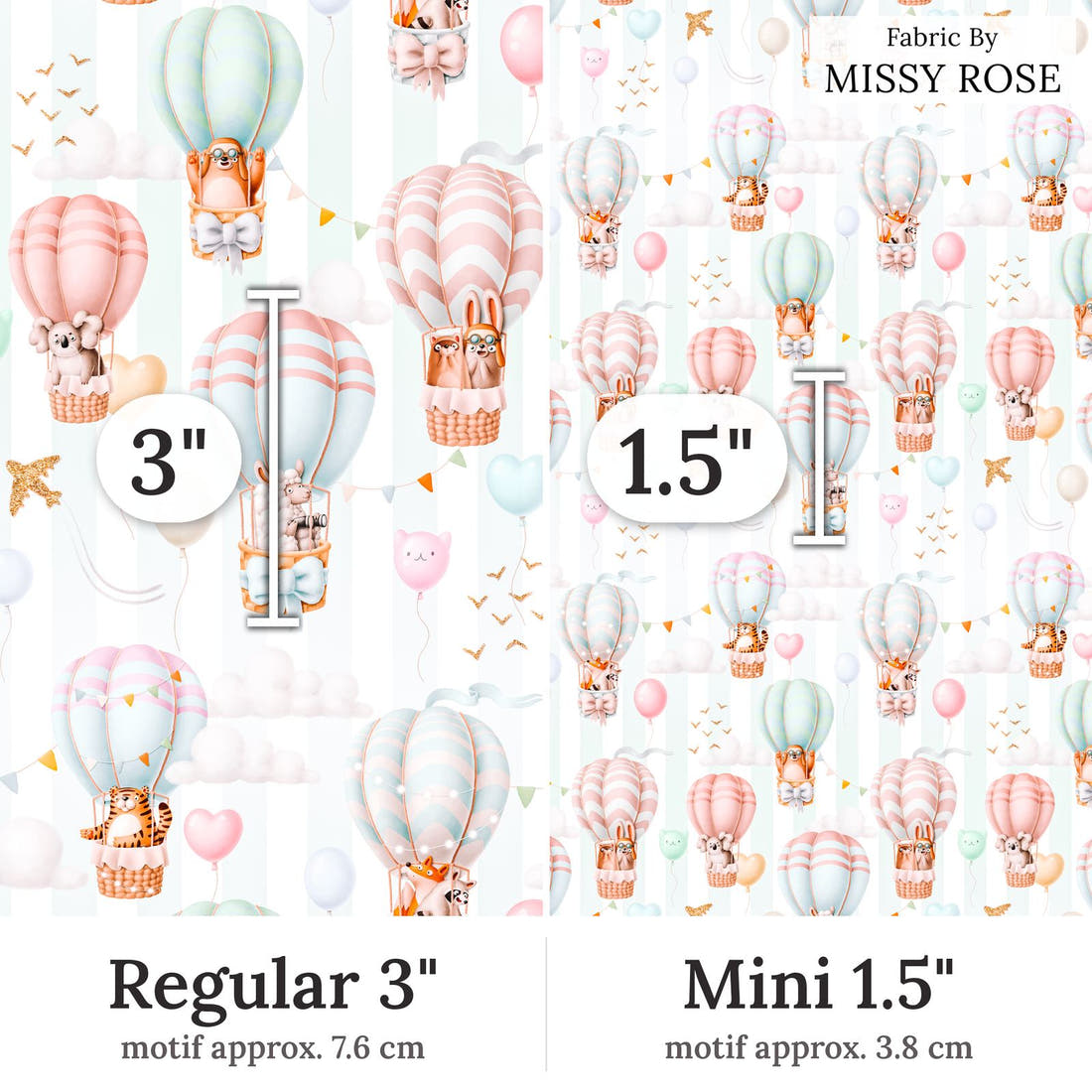 Design 7 Air Balloon Fabric Regular 3 inch vs Mini 1.5 inch print scale side by side | Fabric by Missy Rose