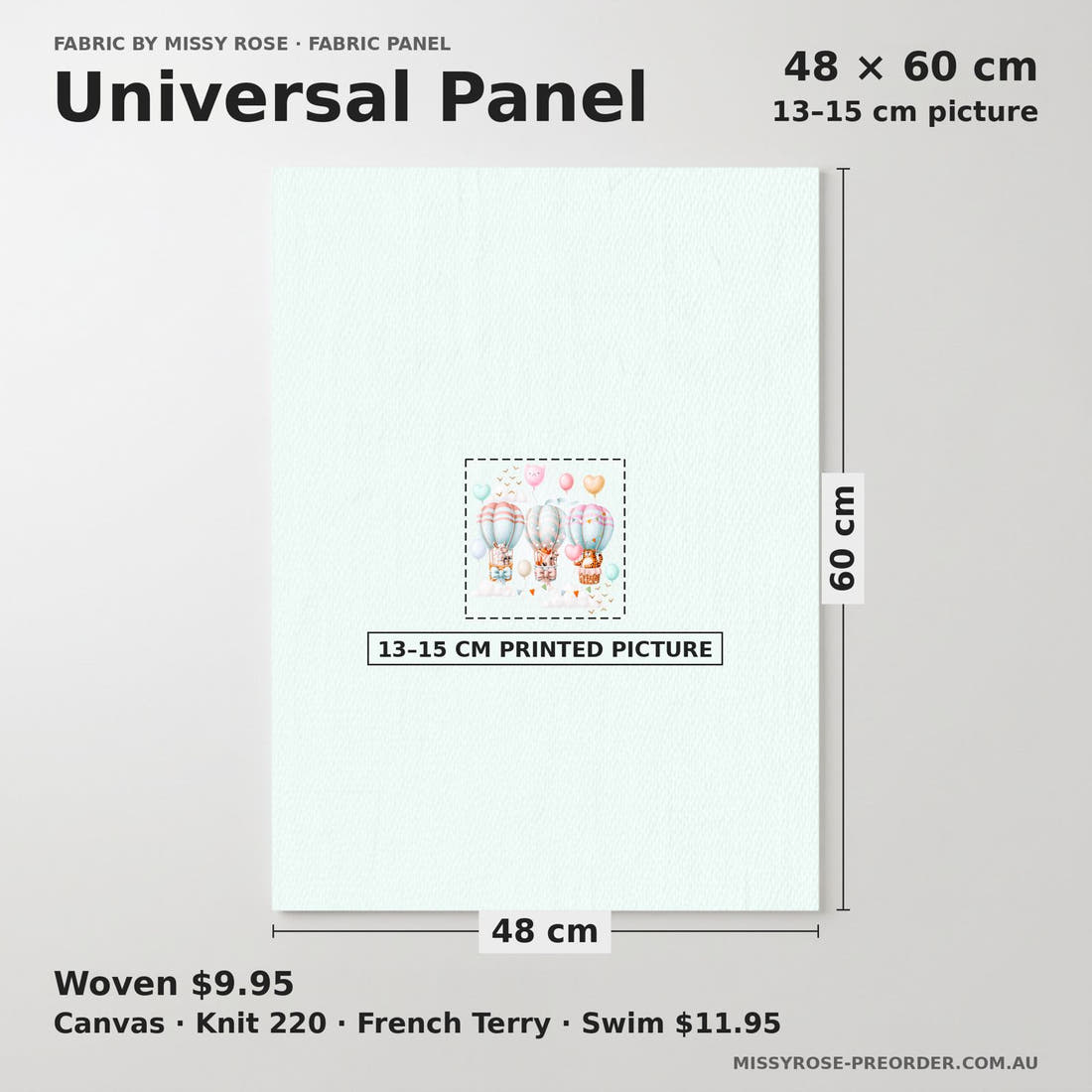 Design 7 Air Balloon Panel universal panel sizing – 13–15 cm printed picture on 48 × 60 cm fabric | Fabric by Missy Rose