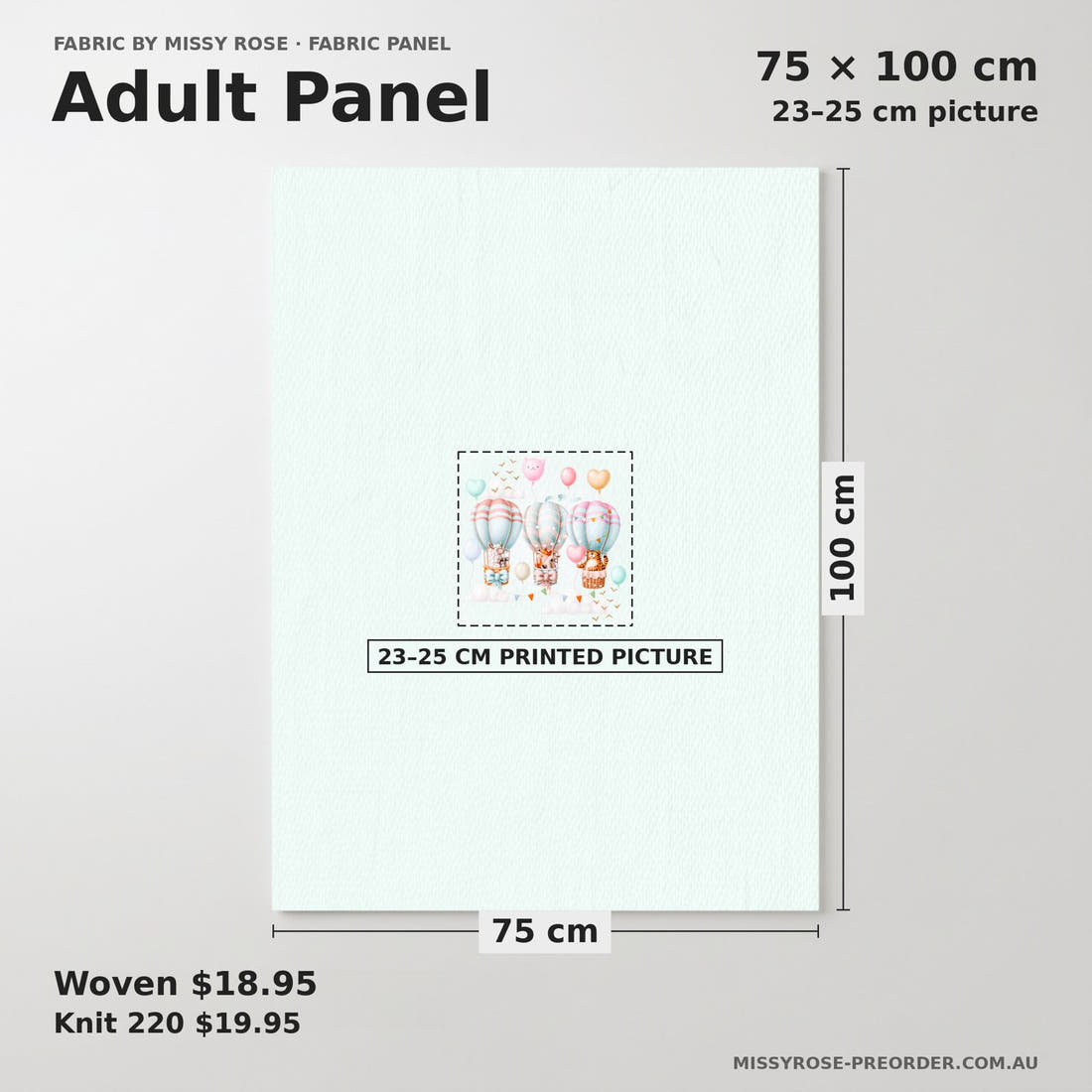 Design 7 Air Balloon Panel adult panel sizing – 23–25 cm printed picture on 75 × 100 cm fabric | Fabric by Missy Rose