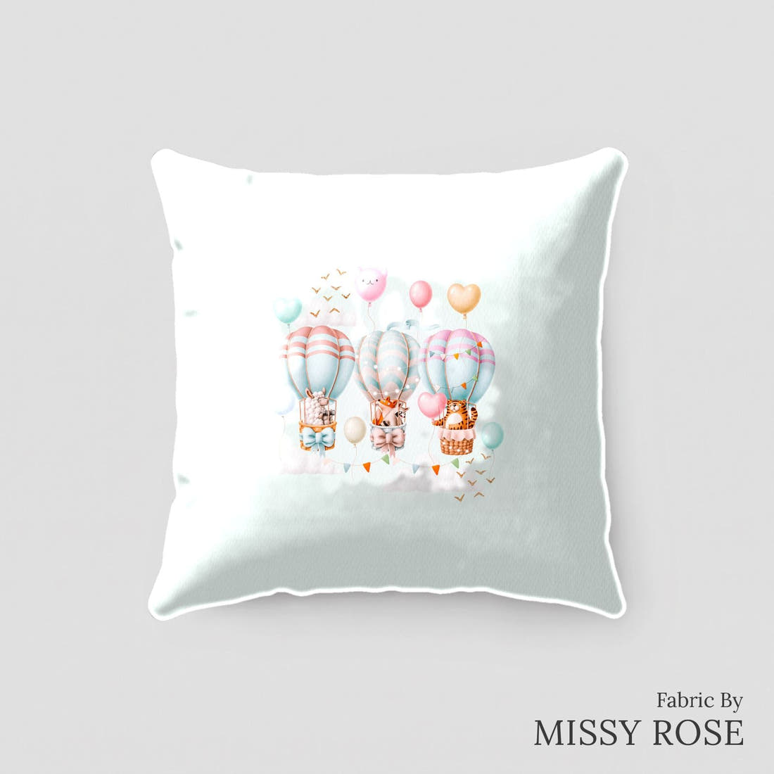Design 7 Air Balloon Panel sewn into a cushion – see how the panel looks made up | Fabric by Missy Rose