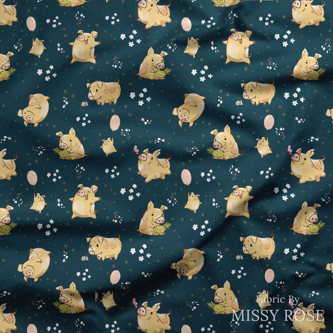Design 70 Navy Pigs Fabric draped fabric mockup – custom printed fabric by the metre | Fabric by Missy Rose